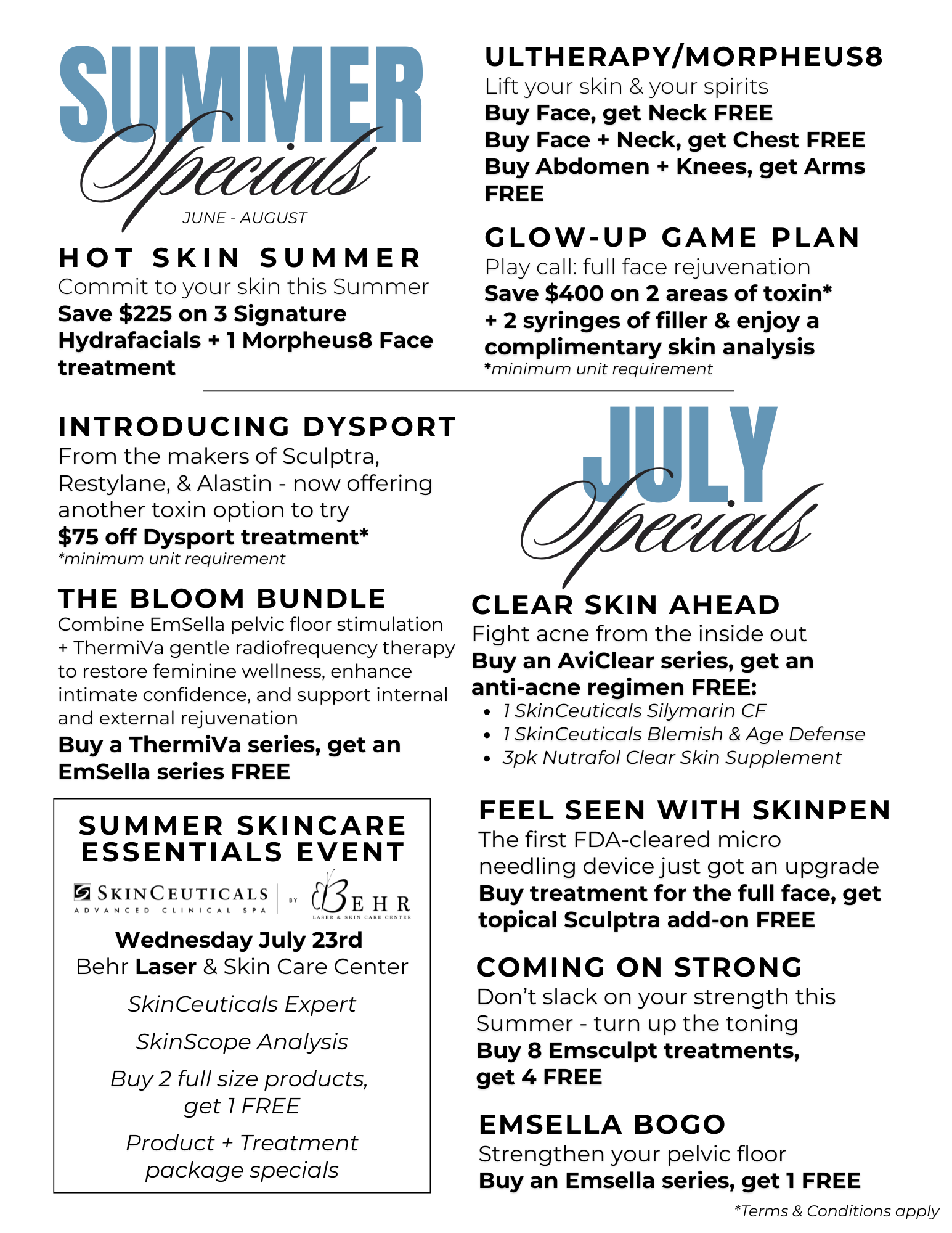Image of the July and Summer specials. Call us for more information.